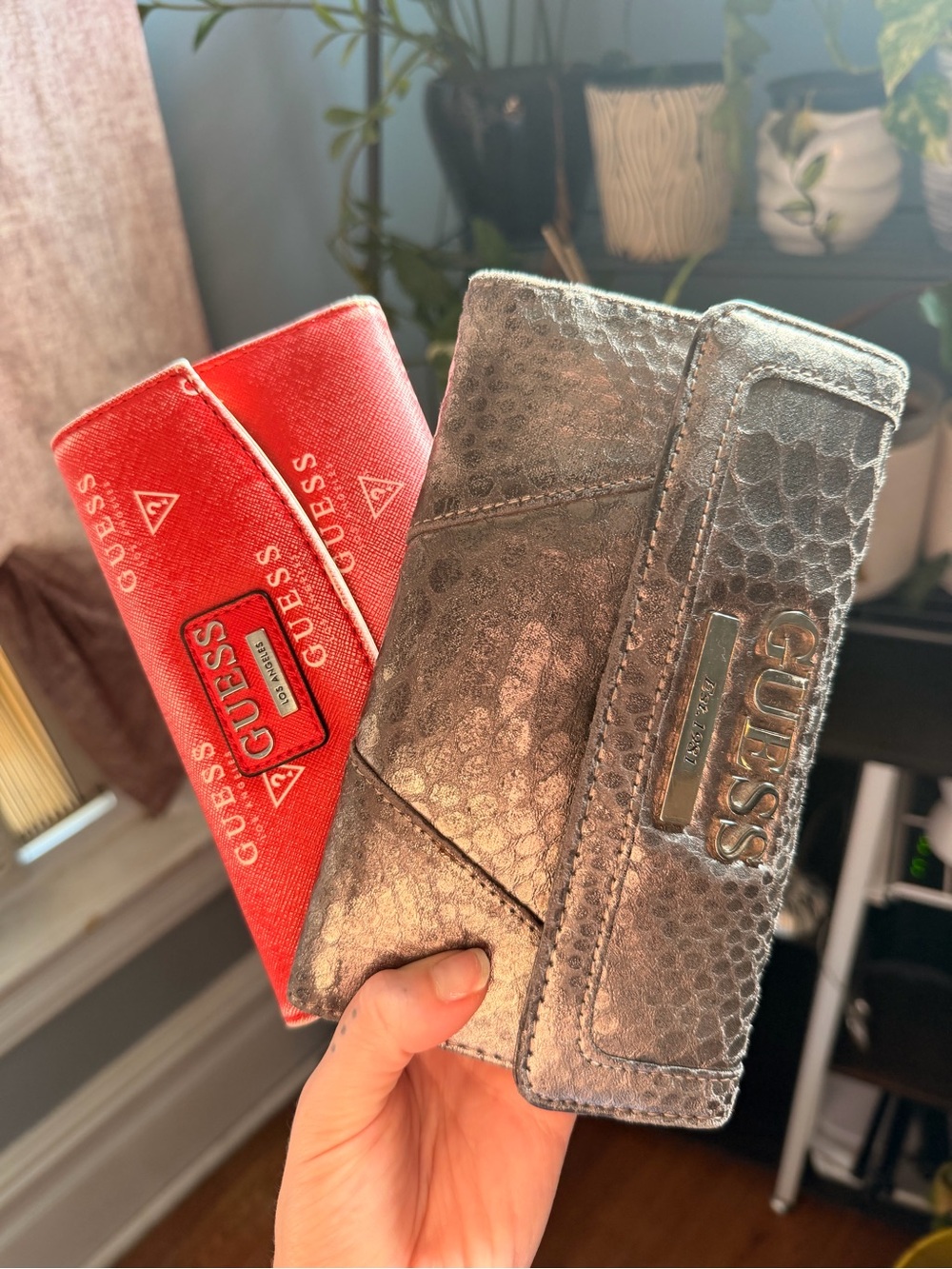 2 GUESS Y2K  Metallic Gray Snakeskin Wallet and Red Logo wallet